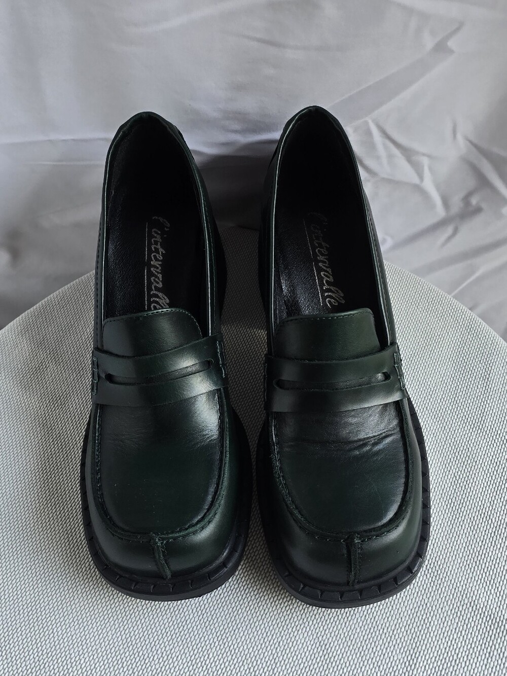 L’Intervalle Dark Green Leather Penny Loafers EU 40 Block Heel Made in Spain